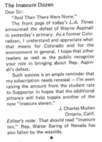 Letter to the editor of EA Newsletter praising the Dirty Dozen Campaign, September, 1972.