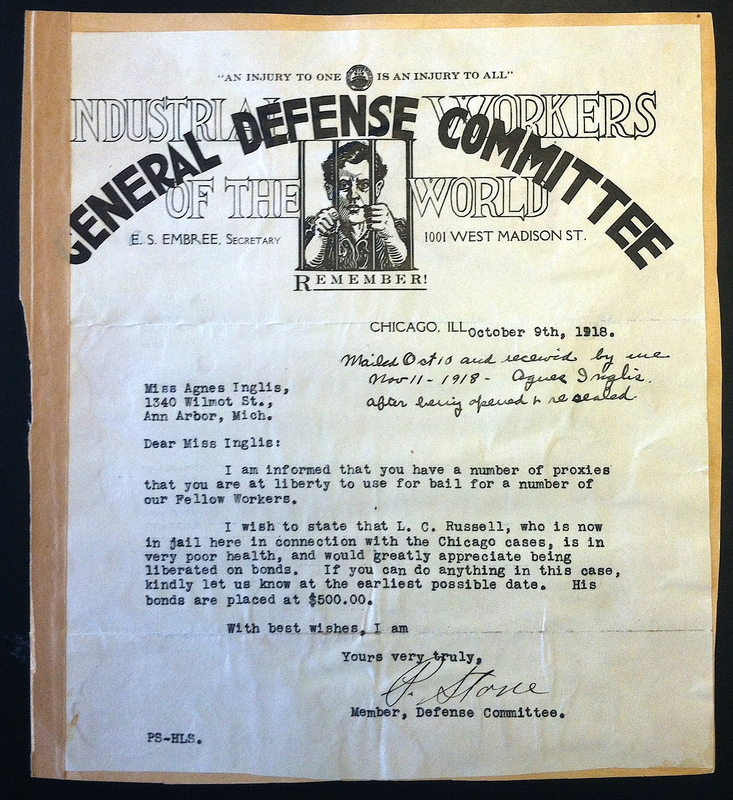 Letter to Inglis from I.W.W. Defense Committee