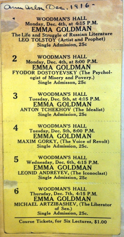 Emma Goldman at Woodman's Hall, 1916: Ticket Stubs