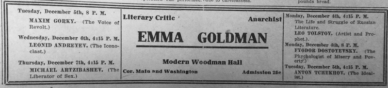 Michigan Daily, 12.02.1916: Advertisement for Goldman's lectures