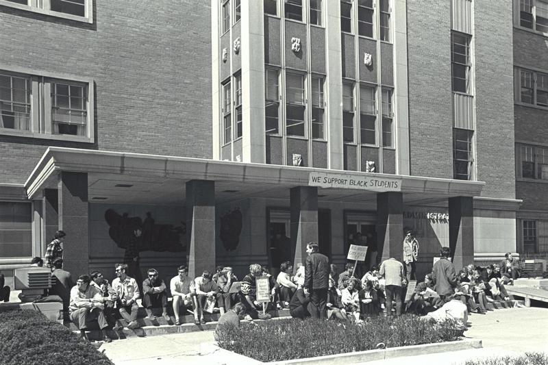  Demonstration in support of 150 black students in sit-in at the Administration Building, April 1968