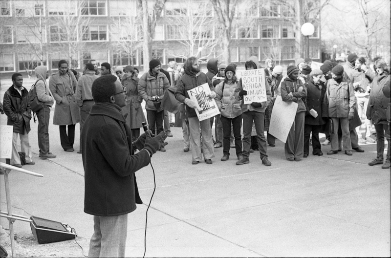Man speaks to a crowd on the Diag, March 14, 1979