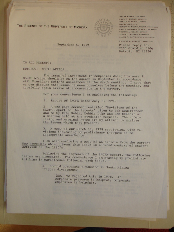 9-5-79 letter from Roach to regents on divestment #1.JPG