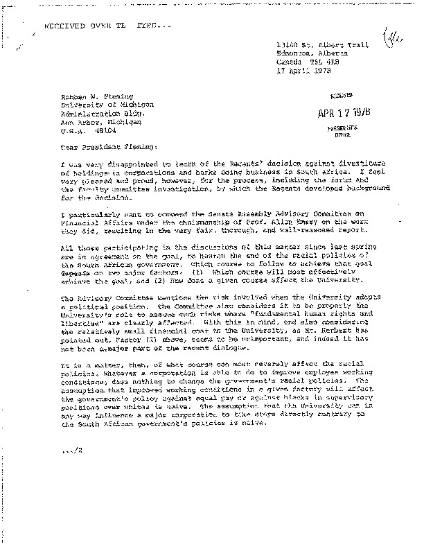 letter to President Fleming from Regent Emeritus Sorenson · Divestment ...