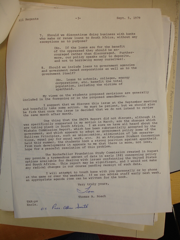 9-5-79 letter from Roach to regents on divestment #3.JPG