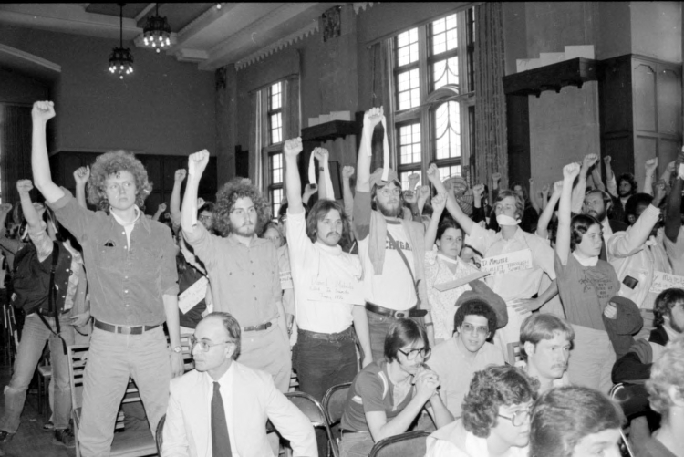 Apartheid : Protests Against : University of Michigan Students Demonstrating Against Apartheid In South Africa-Asking University to Divest of Stock in South Africa, April 19, 1979<br /><br />
