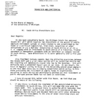 Ketelhut, John D., Acting General Counsel, Letter to Regents on the South Africa Divestiture Case, June 15, 1988, 1984-1988 Folder 1, Box 425, UM Presidents Supplemental Files, Bentley Historical Library, University of Michigan.