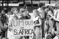 Apartheid : Protests Against : University of Michigan Students Demonstrating Against Apartheid In South Africa-Asking University to Divest of Stock in South Africa, April 19, 1979