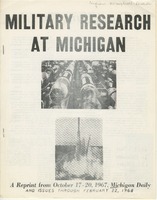 Cover photo of a Michigan Daily examination of &quot;Military Research at Michigan&quot; in 1967-1968.