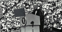 President Lyndon B. Johnson delivering a commencement address at University of Michigan on May 22, 1964.