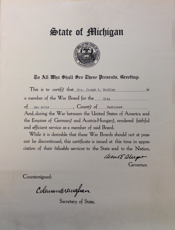 “State of Michigan; Mrs. Markley as a member of the War Board for Ann Arbor MI.”.jpg
