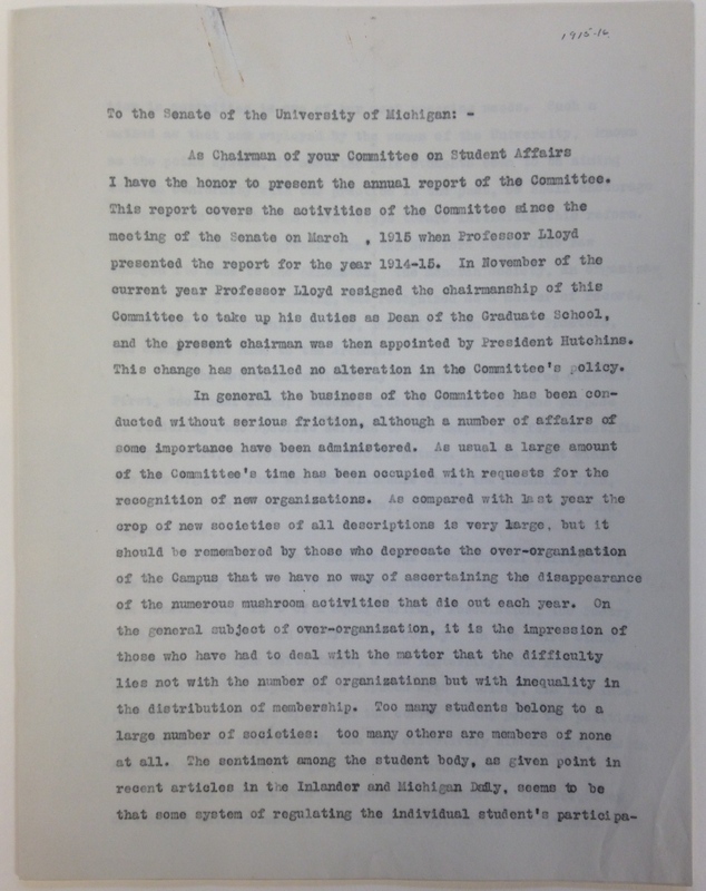 Annual Report of the Committee for Student Affairs, 1915-1916, pg. 1.jpg