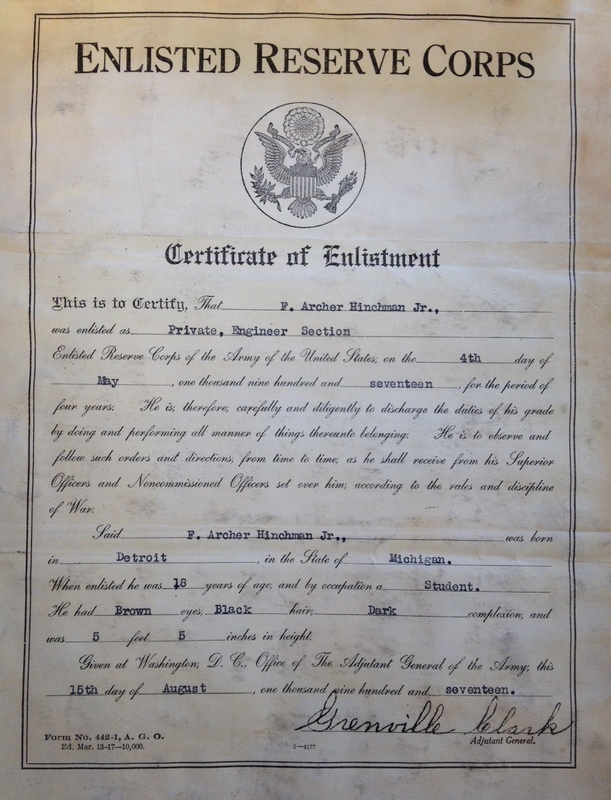 Archer Ford Hinchmann, Certificate of Enlistment, 1917.jpg